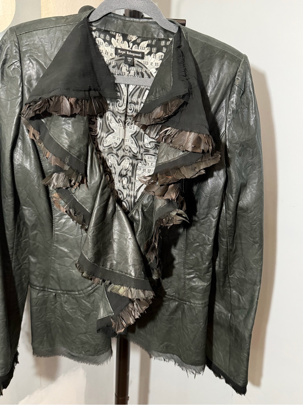 Royal Underground Black Leather Ruffle-Trim Jacket